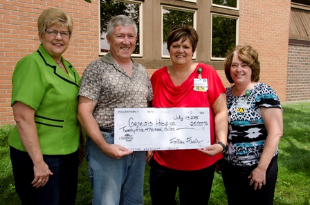 Follies Family representatives present a check for $25,000 to Genesis Hospice Care. Pictured left to right are: Charlotte Snider, vice president, and Jon Kullman, president, Follies Family; Rebecca Jenei, director, and Lori Junk, manager, Genesis Hospice Care