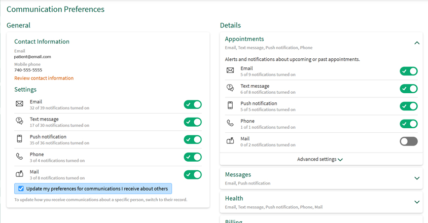 MyChart Communication Preferences web Page