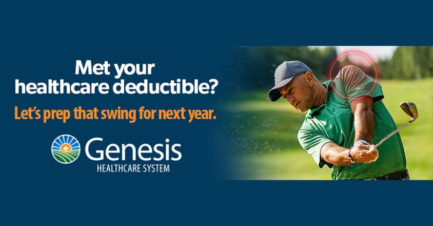 Met your healthcare deductible? Let's prep that swing for next year. Image of a golfer with emphasis on his shoulder, swinging the golf club.