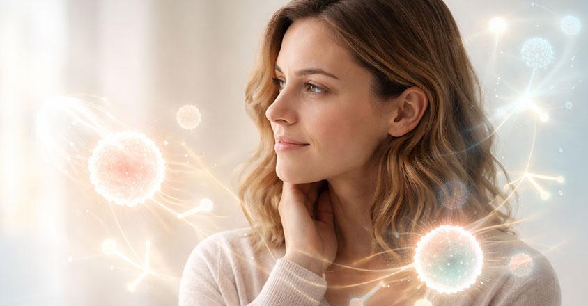 woman surrounded by cartoon cells representing autoimmune disease