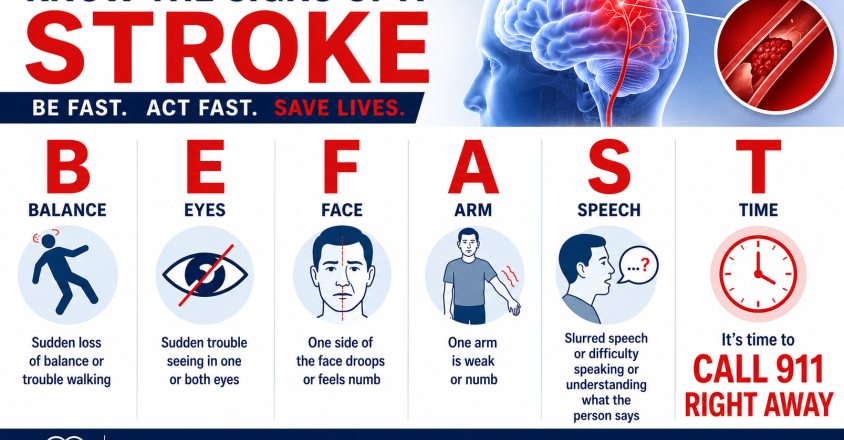 Know the signs of a stroke: Be fast. Act fast. Save Lives. B: Balance - Sudden loss of balance or trouble walking. E: Eyes - Sudden trouble seeing in one or both eyes. F: Face - One side of the face droops or feels numb. A: Arms - One arm is weak or numb. S: Speech - Slurred speech or difficulty speaking or understanding what the person says. T: Time - It's time to CALL 911 RIGHT AWAY. Every minute counts. Recognize the signs. Be Fast. Save a life.