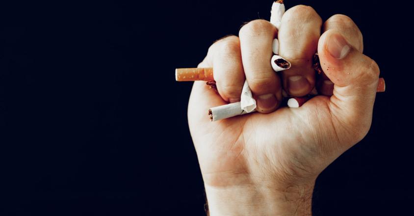 A close-up shot showcases a clenched fist holding several crushed cigarettes against a stark black background. The fingers are tightly wrapped around the damaged cigarettes.
