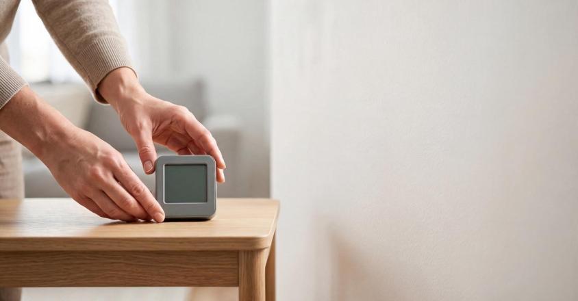 woman's hands placing a radon testing device on a table