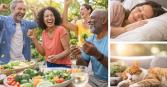 collage of three photos; 1. middle-aged adults enjoying a healthy dinner outside happy. 2. a woman sleeping. 3. a cat sleeping