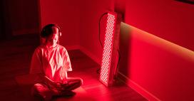 woman sitting next to a red light therapy device