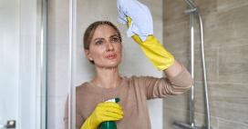 woman cleaning a glass shower with yellow gloves, spray bottle and towel