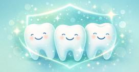 three animated teeth, smiling with sparkles around showing how clean they are